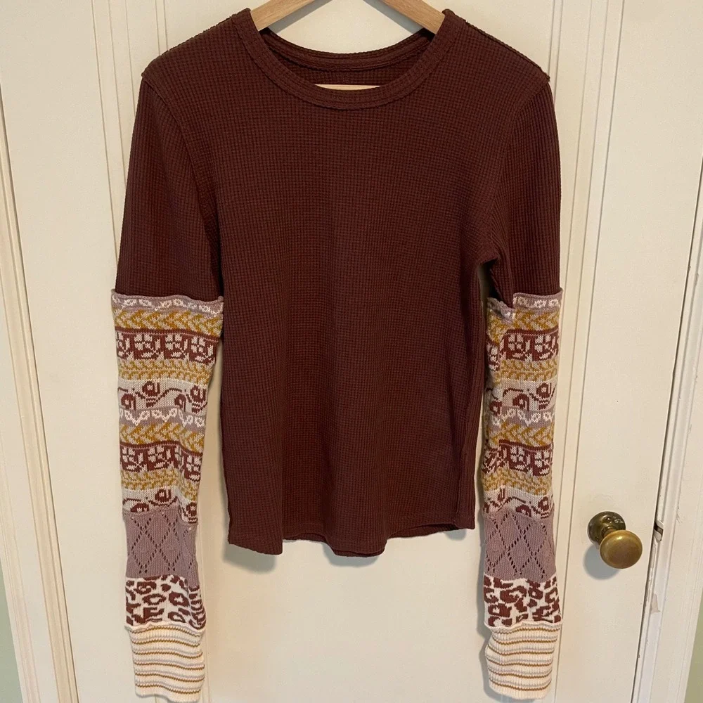 Free People We The Free All In Cuff Knit Waffle Thermal Top Medium